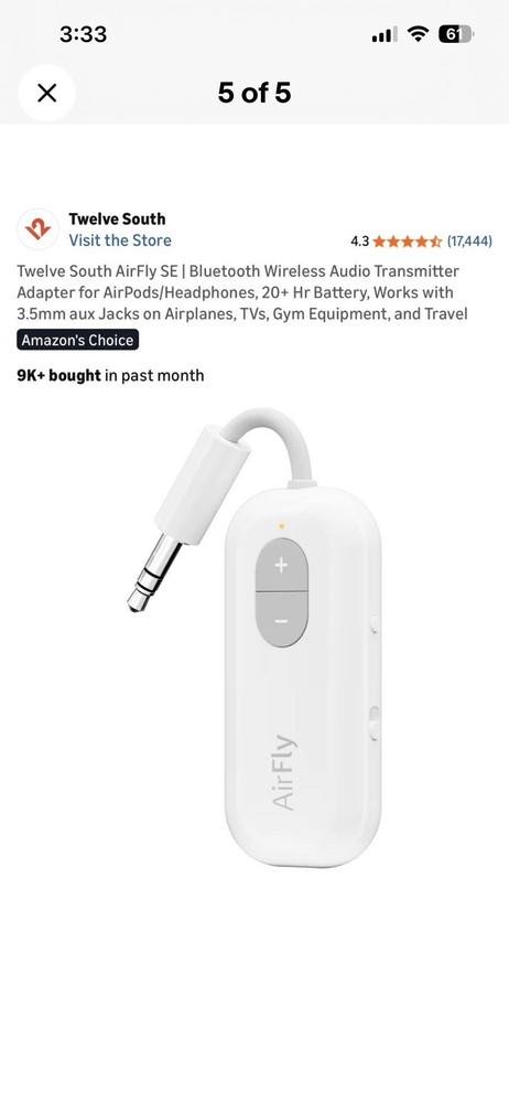 Twelve South AirFly SE Bluetooth Wireless Transmitter, 20+ Hour Battery
