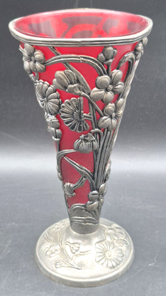 Ruby Red Vase Brass Base Vintage 10" Tall
