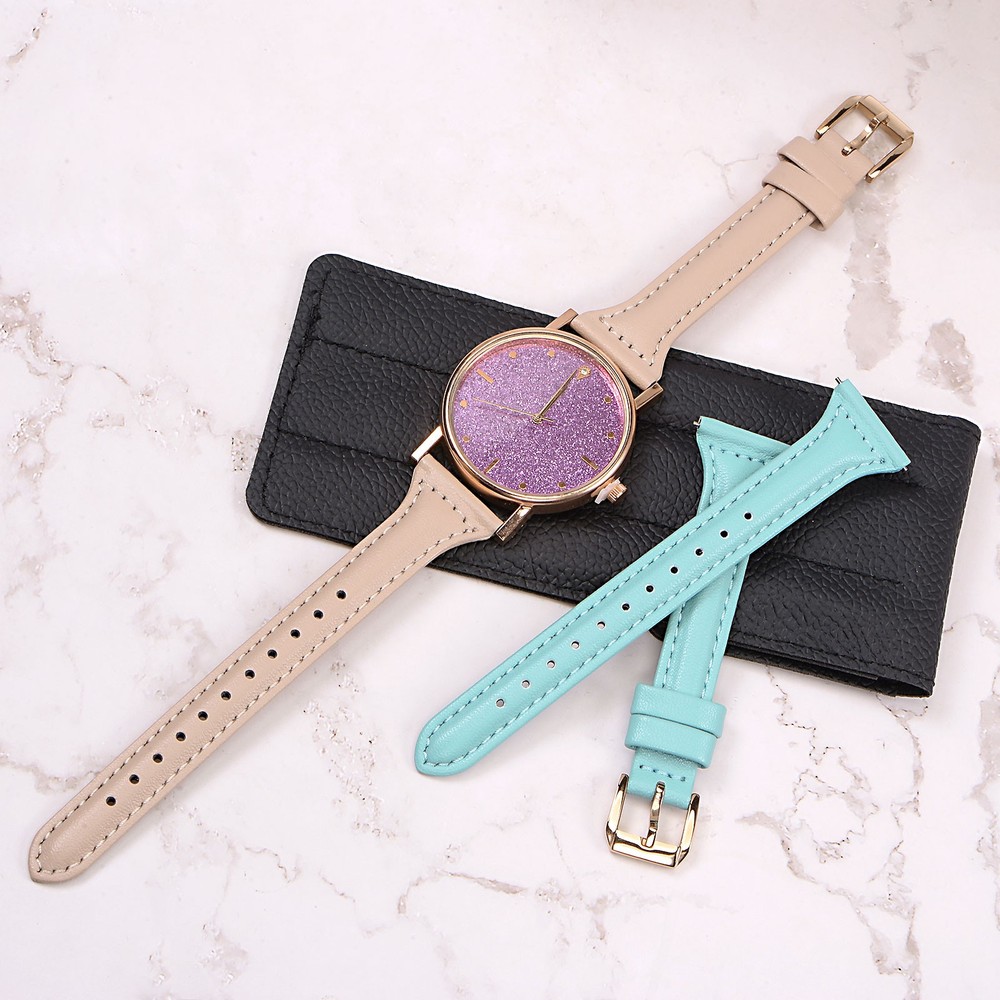 Genuine Leather Watch Band 22mm Quick Release Strap Black/Silver Tone