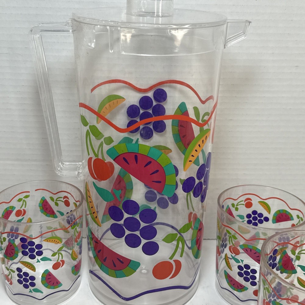 Leahy Designs Pitcher & 6 Cups Set With Fruit Pattern 1992