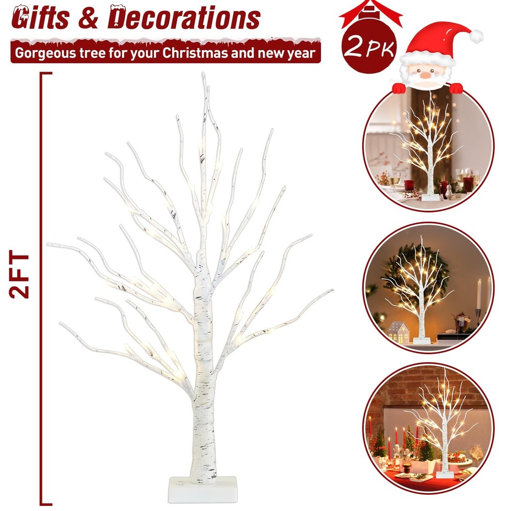Easter Decorations, 2FT Birch Tree with LED Lights, Warm White Light up Tree ...