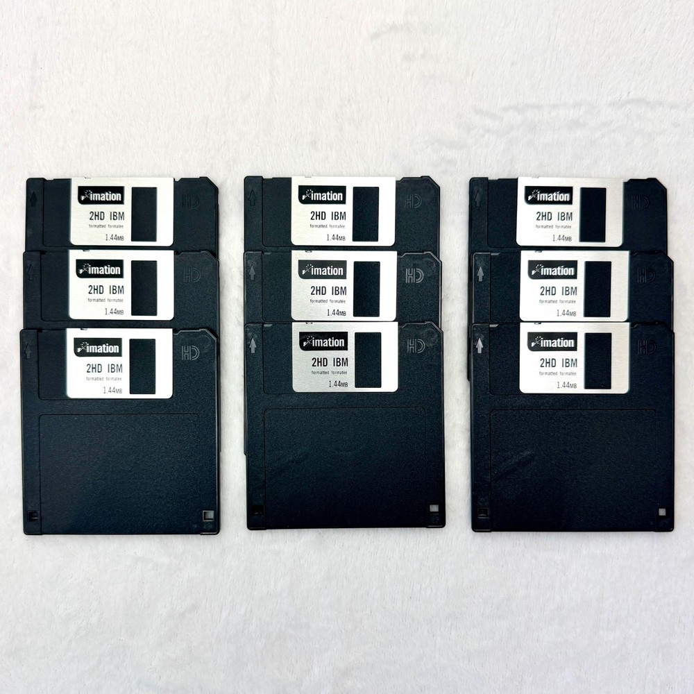9 Imation 3.5" Diskettes 1.44MB 2HD IBM Formatted with Telescoping Plastic Case