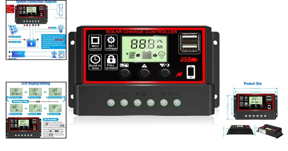 30A PWM Solar Charge Controller with Dual USB & LCD Display - Efficient Energ...