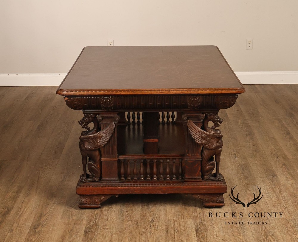 Victorian Carved Oak Library Table With Griffin Supports