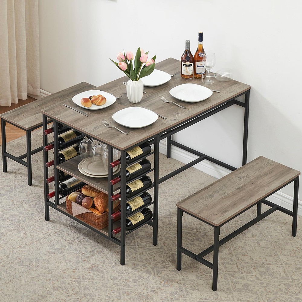 3 Piece Dining Table Set ,Kitchen Table and Benches & Wine Rack, for Small Space