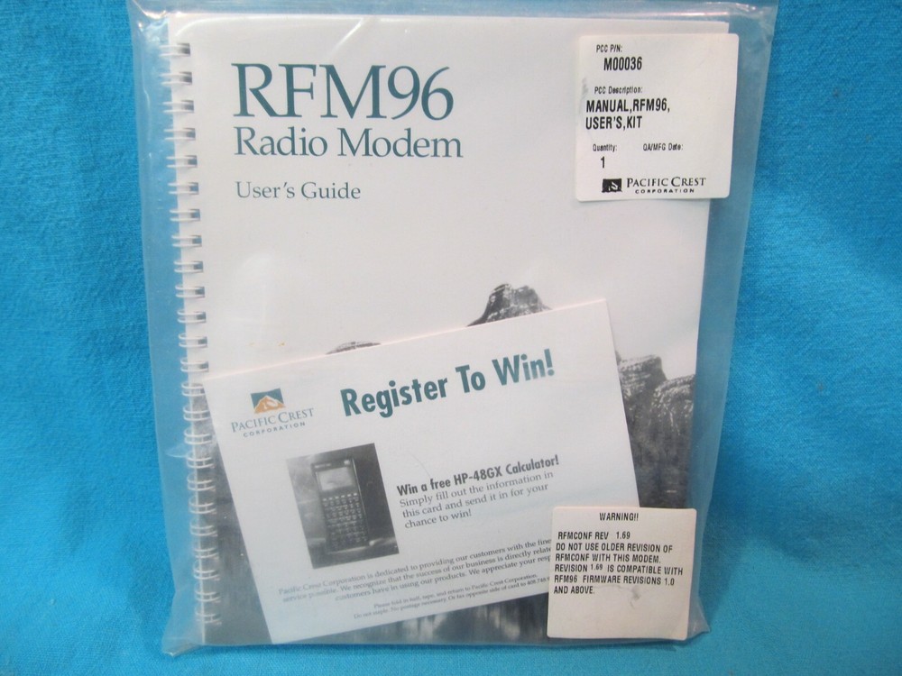 SEALED PACIFIC CREST RFM96 RADIO MODEM USER'S GUIDE 7 SOFTWARE ON 3 1/2" FLOPPY