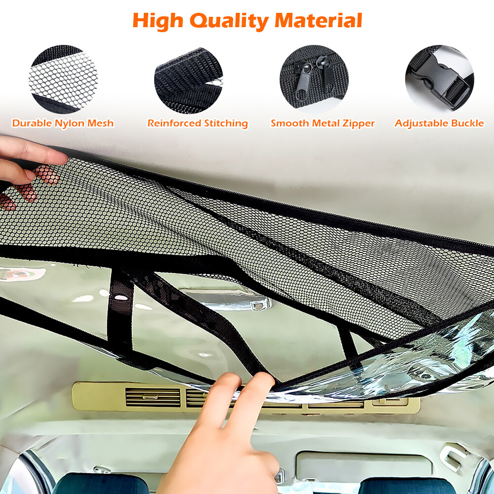 Car Roof Ceiling Cargo Net Mesh Oraganizer Bag Camping Trip Essentials 3-Handle