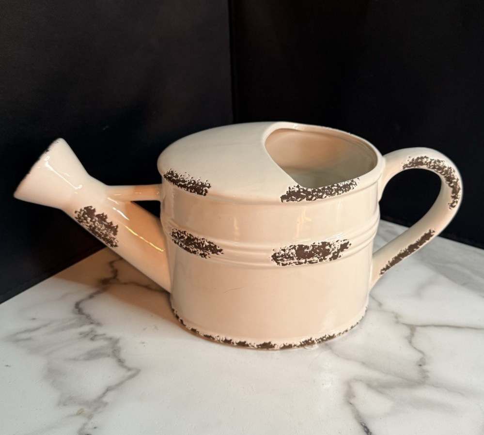 Watering Can/vase- Useable and Decorative White And Brown Ceramic 5” Tall.