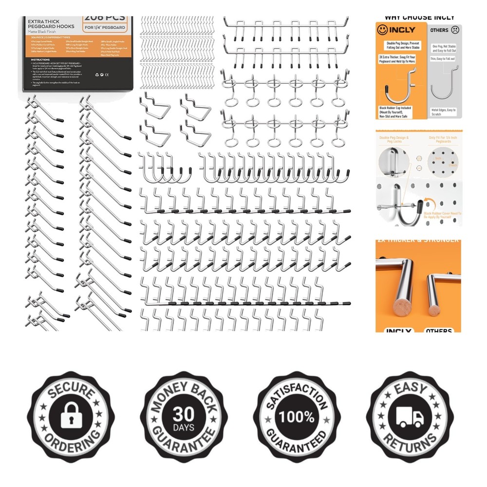 Space-Saving 206PCS Pegboard Hooks for Crafts and Garage - Industrial Style