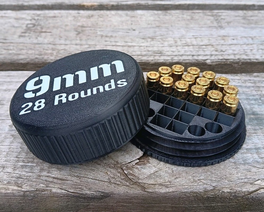 Compact 9mm Ammo Storage Container - Holds 28 Rounds Each, Screw On Lid