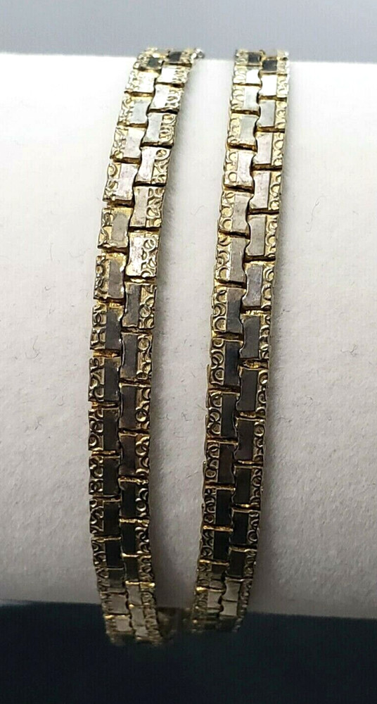 Box Chain Bracelet Gold Tone Etched Design Rectangular 2 Strands 7" Vintage