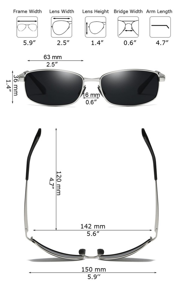 ZHILE Wrap Polarized Sunglasses Rectangular Metal Frame Classic Style Large S...