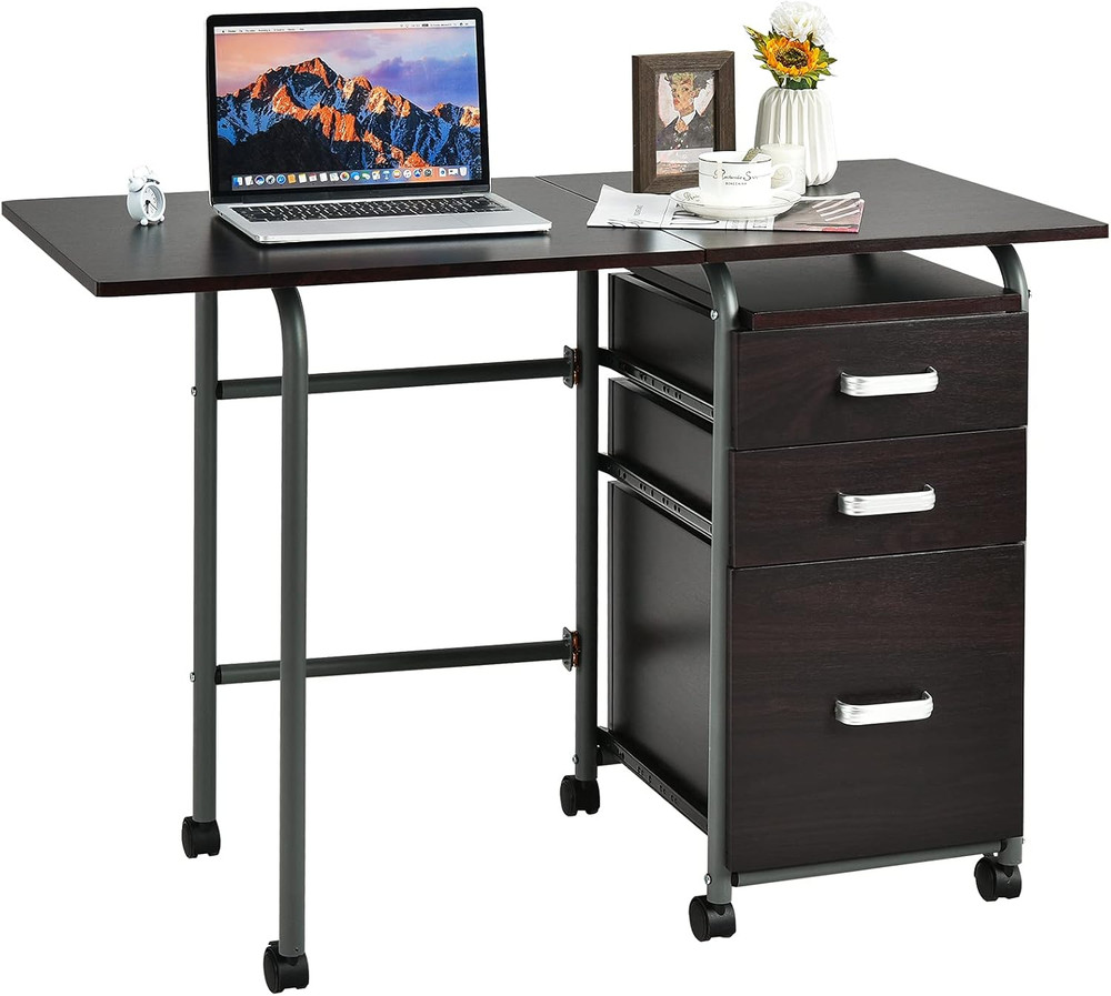 Folding Computer Desk with 3 Storage Drawers, Mobile Home Office Desk Study Writ