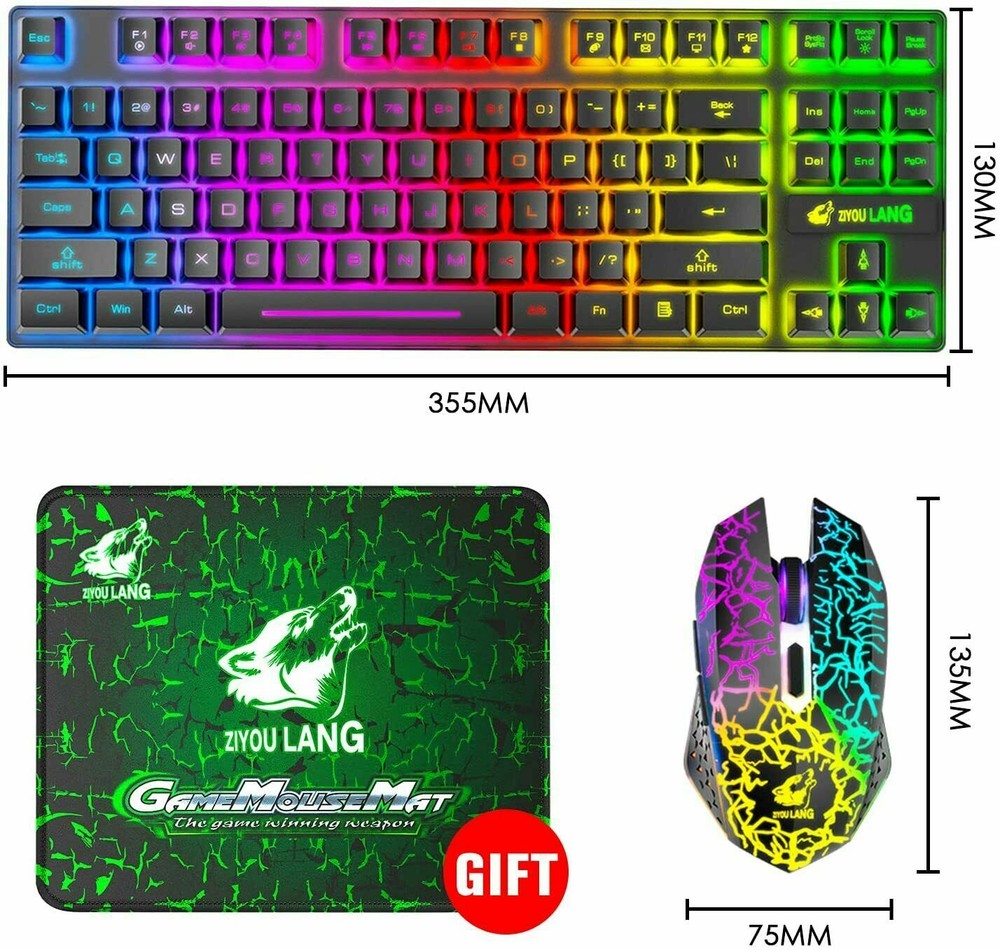 US Rechargeable Wireless Gaming Keyboard Mouse Combo 87 Key Rainbow LED Backlit