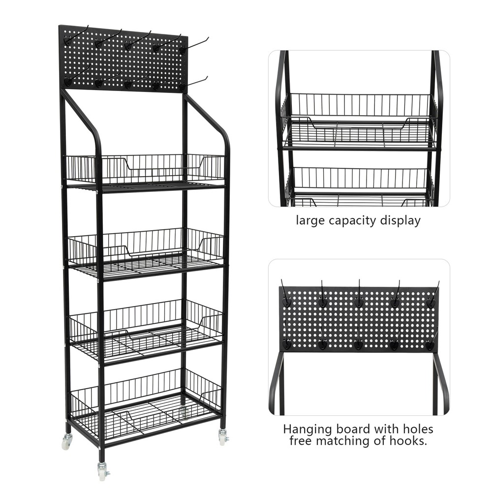 4-Tier Adjustable Rolling Snack Rack with Hanging Board - Freestanding Display