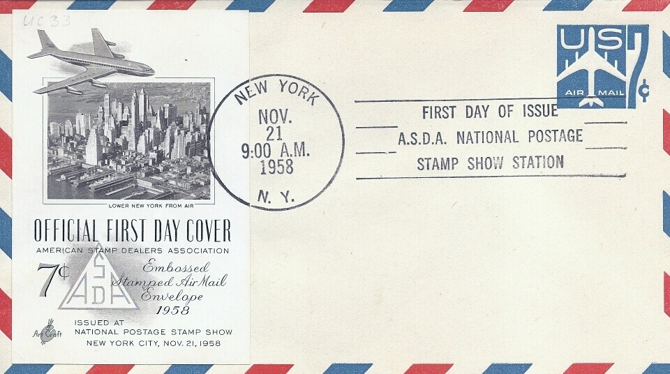 UC33  7c JET  STAMPED AIRMAIL ENVELOPE - Tied paste on cachet
