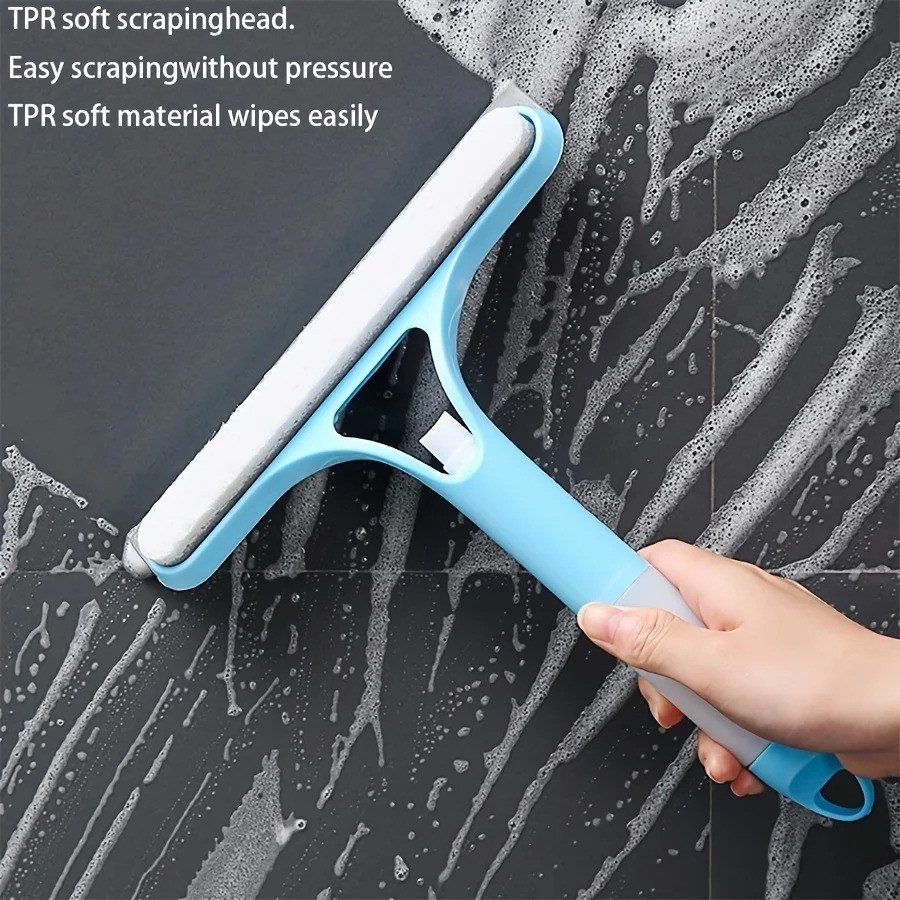 Blue 3-in-1 Window Scraper,Detachable Microfiber Pad for Scrubbing&Squeegee,Stre
