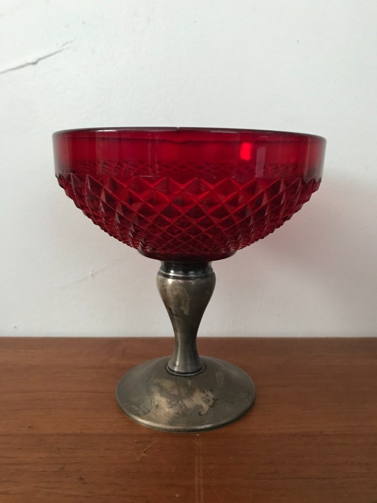 Vintage Alvin Sterling Silver Diamond Point Ruby Pedestal Compote Serving Dish