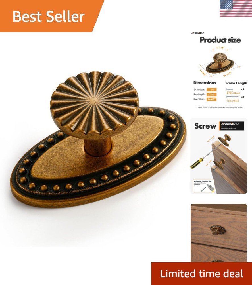 Classic 10 Pack Antique Brass Cabinet Knobs - Durable Vintage Drawer Hardware