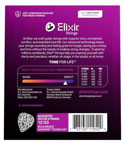 Elixir Acoustic Guitar Strings NANOWEB 80/20 Bronze Light (.012-.053)