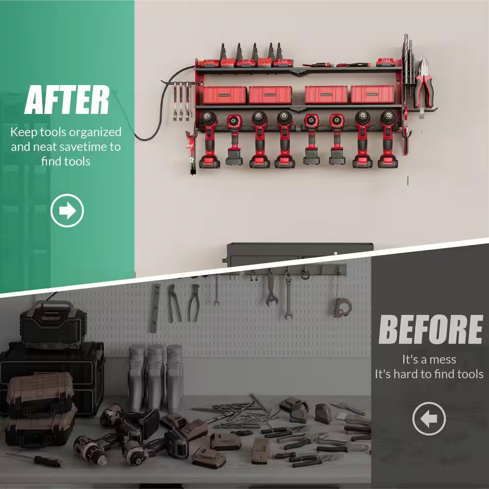 Power Tool Organizer- 8 Drill Wall Mount with Charging Station, Red