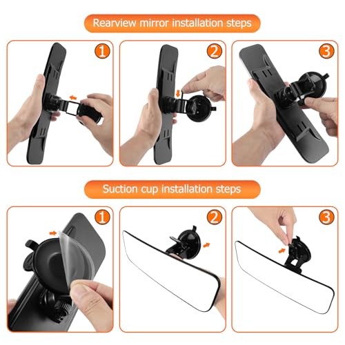 12'' Large Rear View Mirror with Suction Cup, Stick on Universal Frameless
