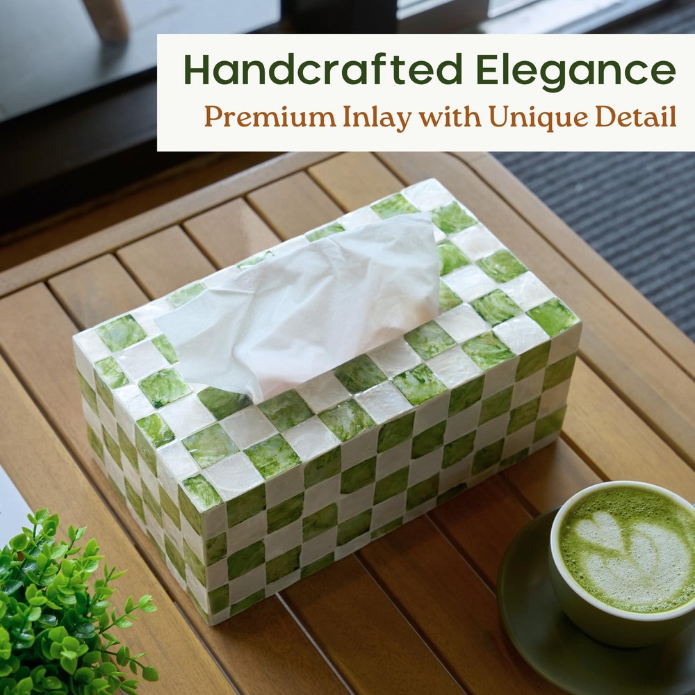 Rectangle Checkered Tissue Box Cover Handmade with Capiz Shells, Decorative T...
