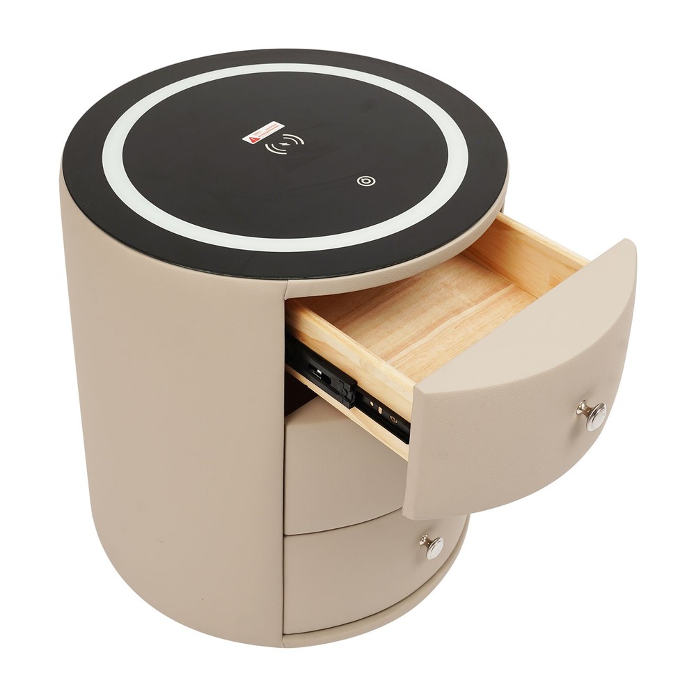 Nightstand with Wireless Charging , LED Nightstand with Leather Surface Round