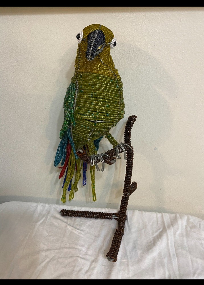 Hand Crafted Beaded Wired Parrot Bird On Perch