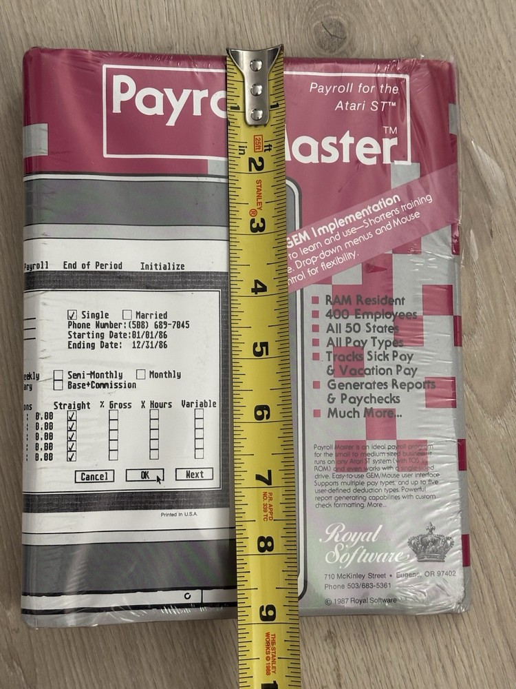 NEW 1987 Vintage Payroll Master Software for Atari ST Royal Software Sealed