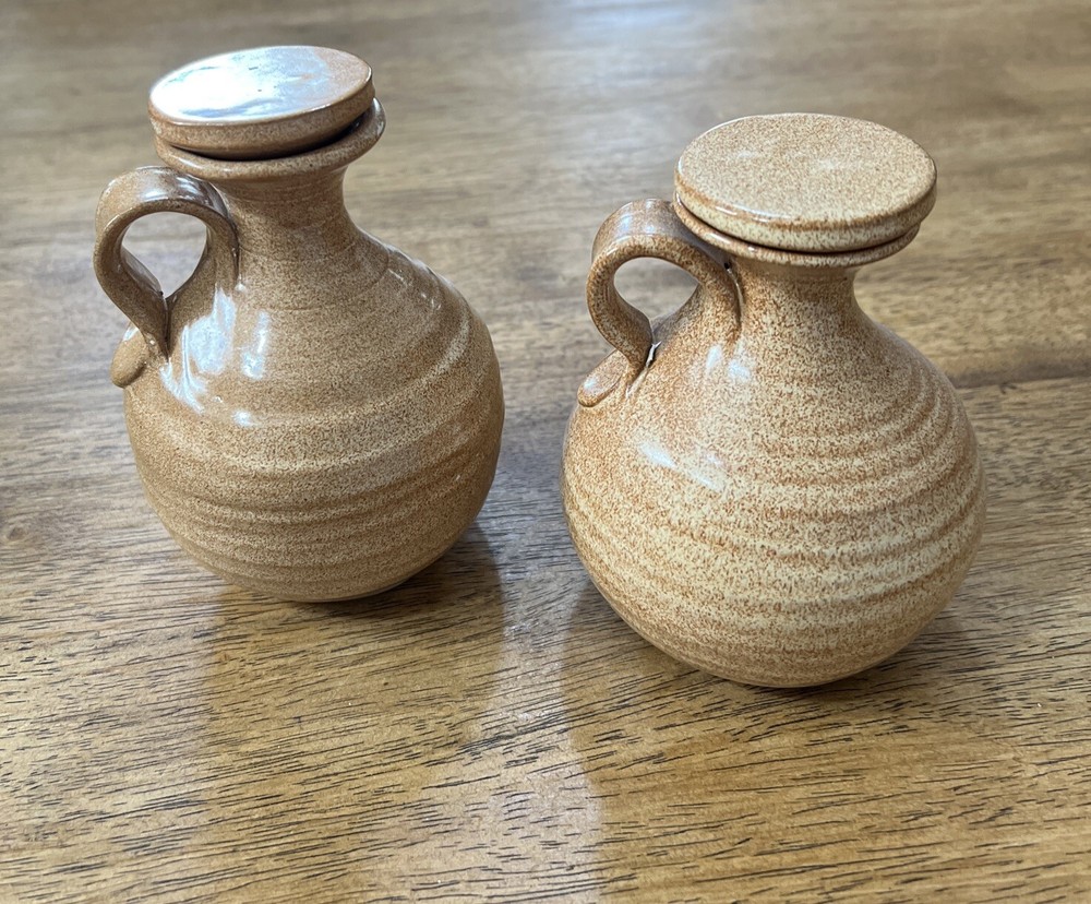 Art Pottery Mini Pitchers Glaze With Lids Rustic Decorations 2 Pcs.