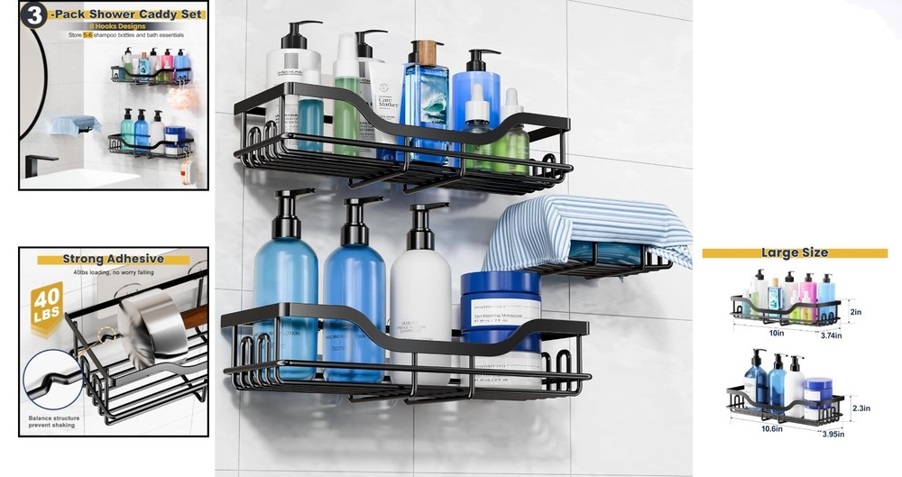 Elegant 3-Pack Rustproof Shower Caddy Set with Soap Holder - Adhesive Design