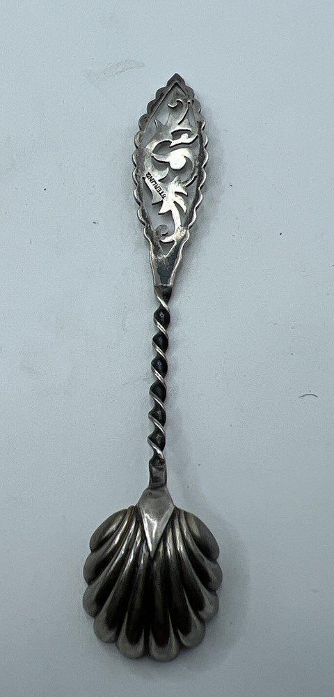RARE! Sterling Silver Salt Spoon with Shell Shaped Bowl Twisted Marked 4”