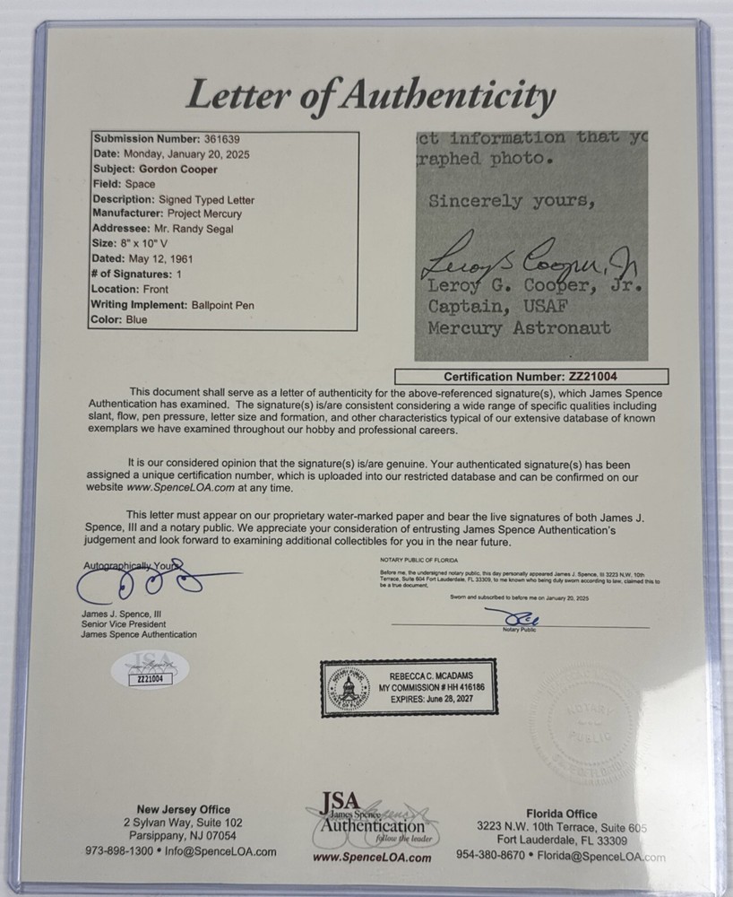 Gordon “Leroy” Cooper Signed Project Mercury Letter May 12, 1961 JSA