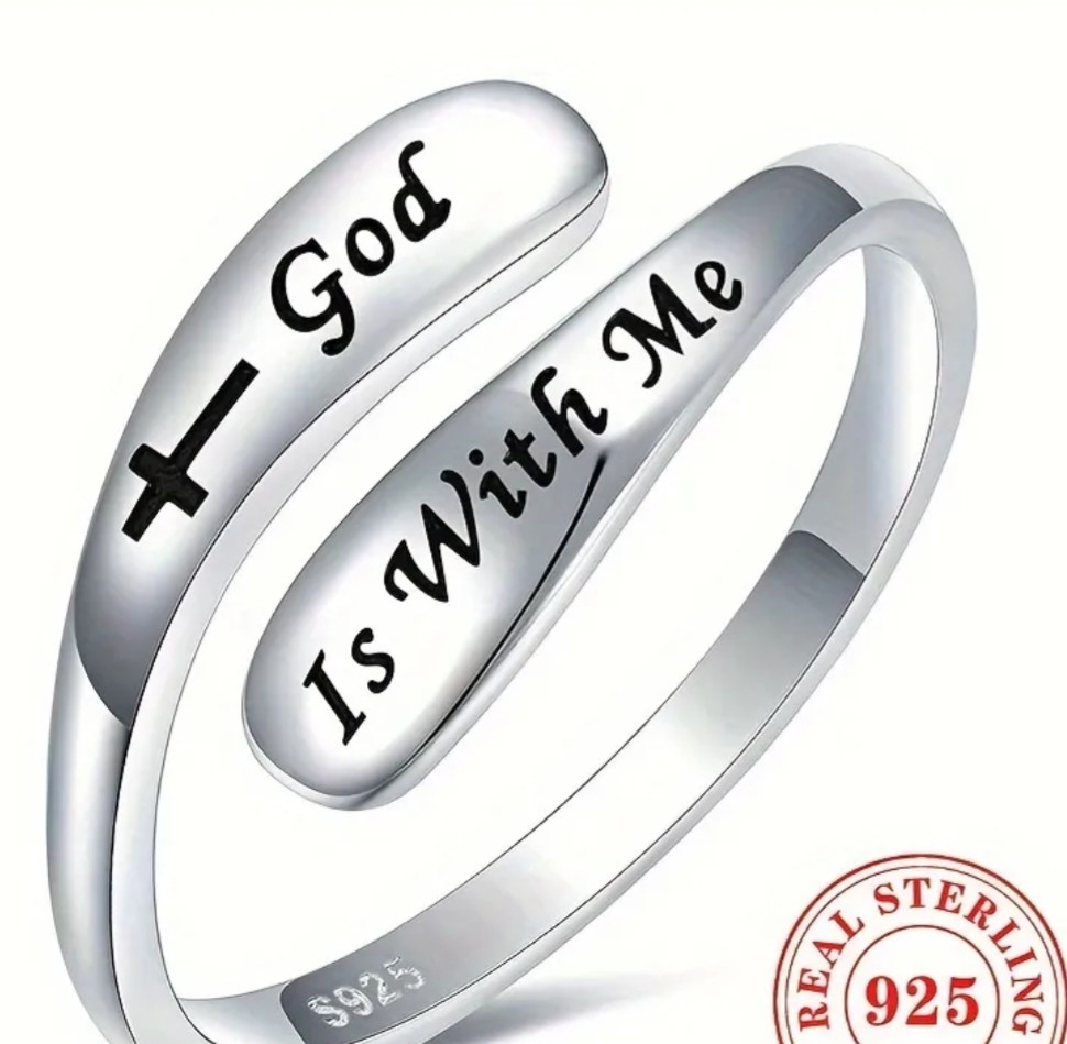 Solid 925 Sterling Silver Adjustable Ring with "God is with me" engraved