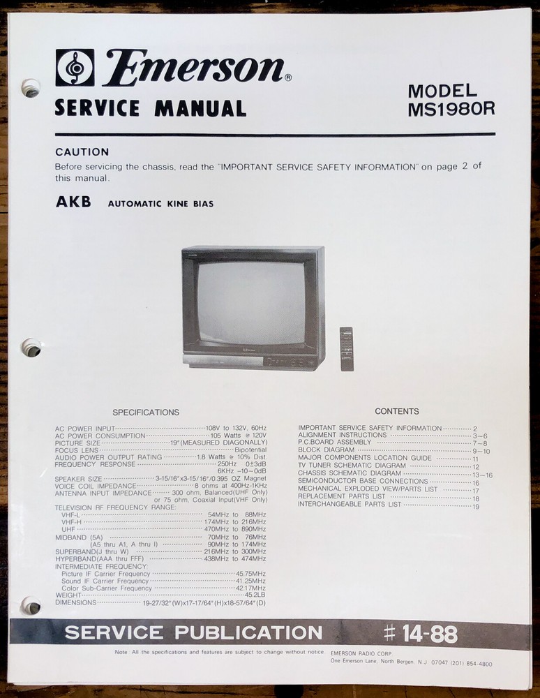 Emerson MS1980R TV  Service Manual *Original*