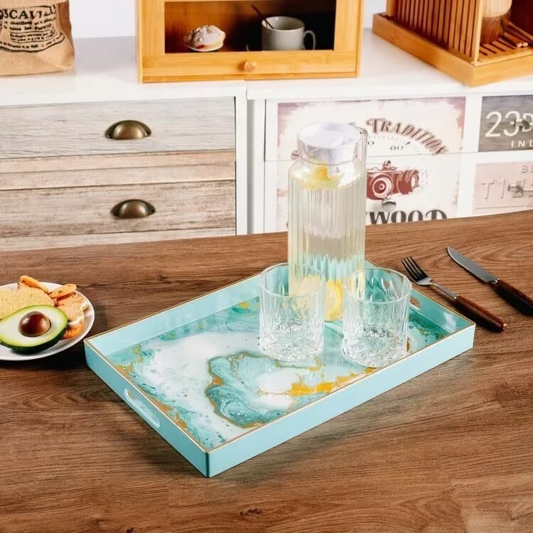 Turquoise Marbling Decorative Tray with Handles Morden Plastic Rectangular Se...