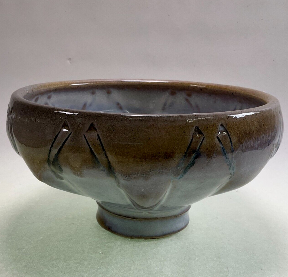 Studio Pottery Footed Geometric Design Planter Blue over Earth Tones