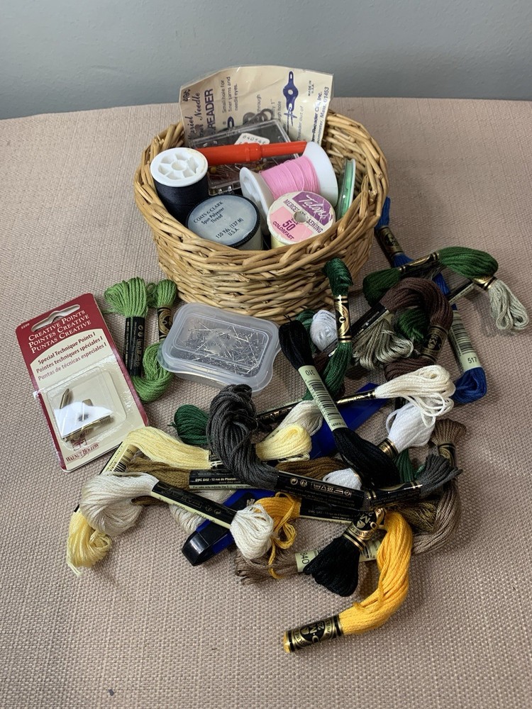 Small Wicker Basket Full If Sewing Supplies