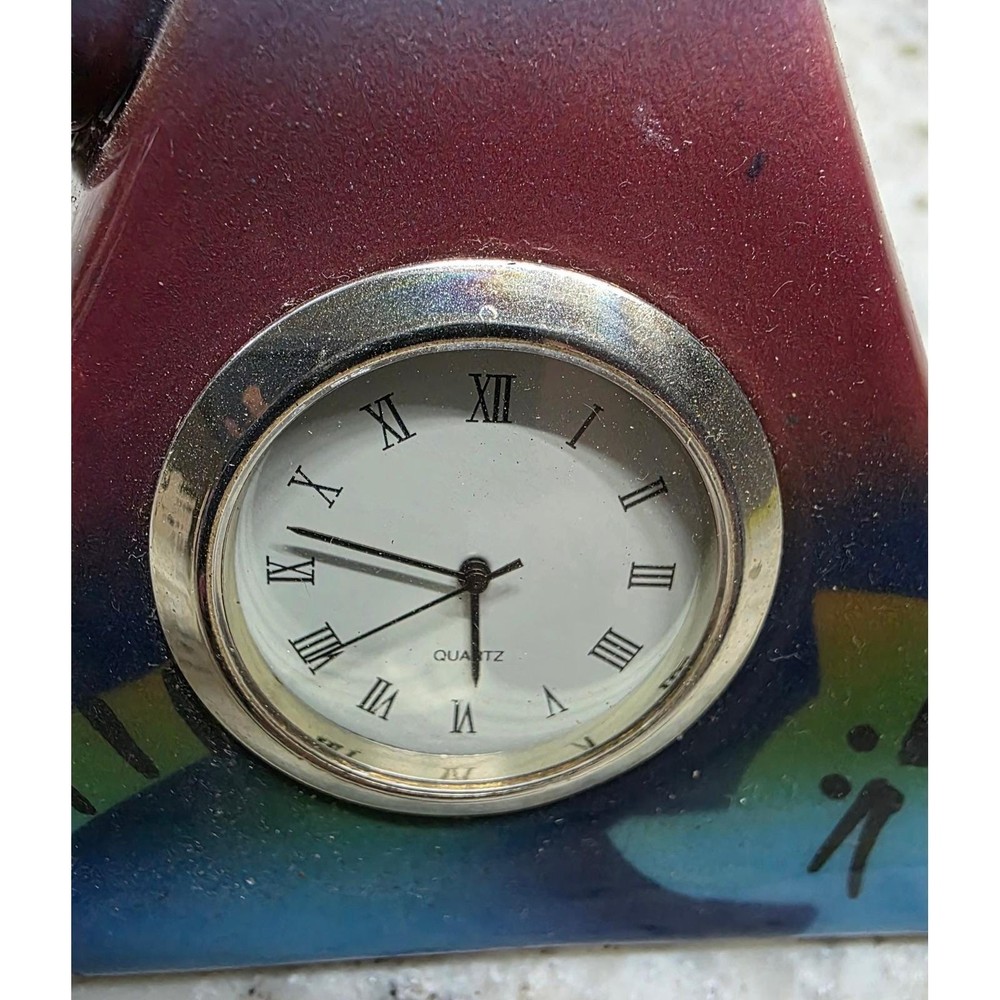 Signed D. Stiles Ceramic Cat Quartz Clock Pyramid Colorful Unique Decor