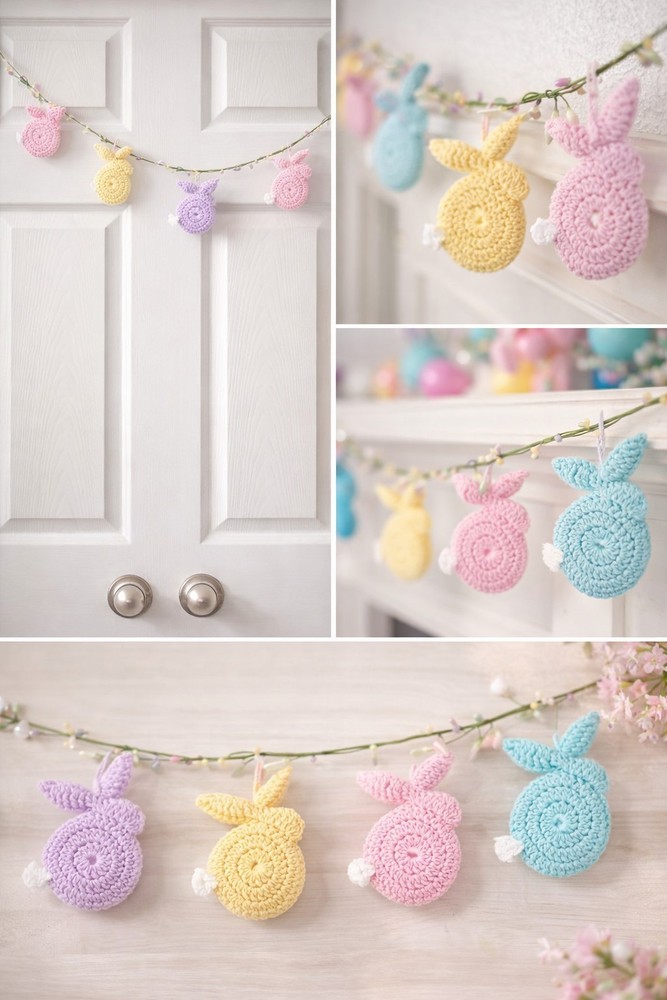Pastel Crochet Bunny Garland Handmade Easter Decor