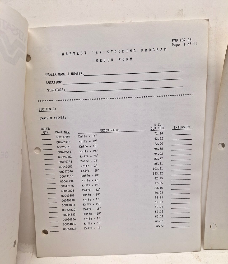 USED OLD STOCK VERSATILE 1987 PARTS STOCKING PROGRAM REF# 1212025-203