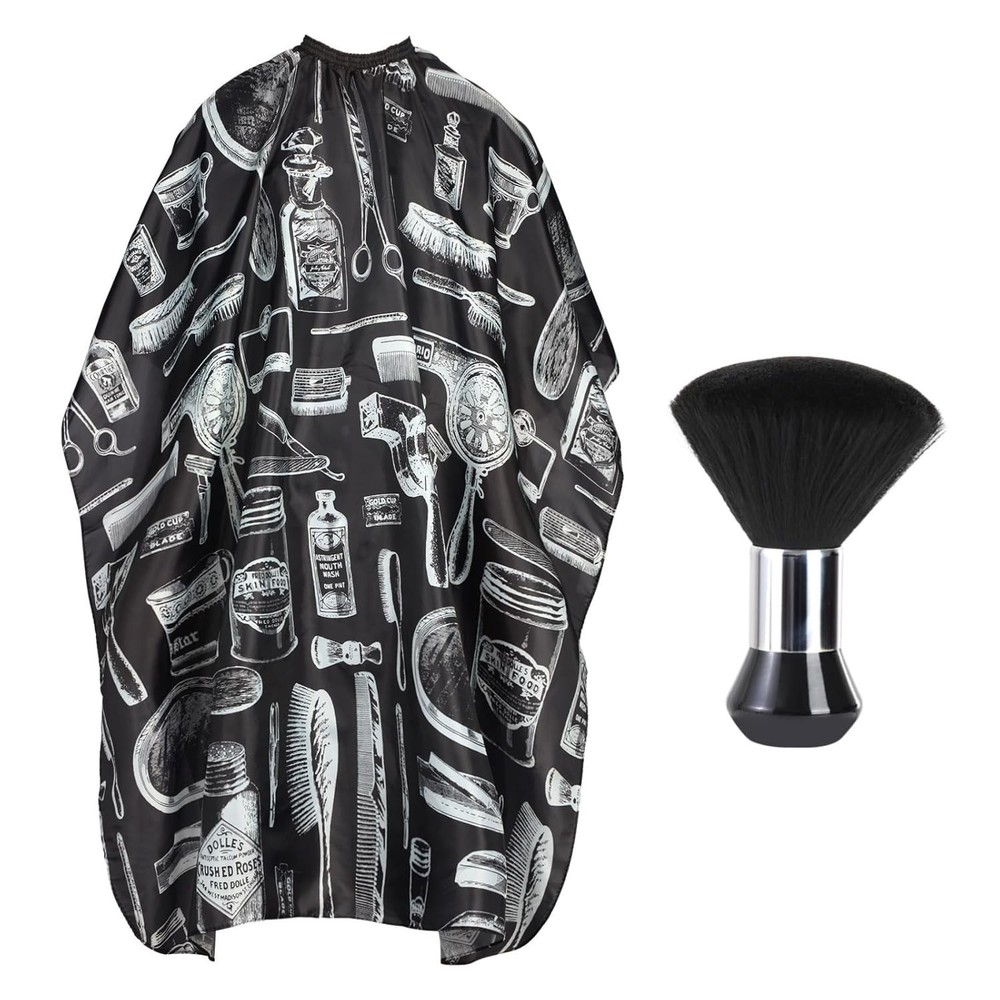 Luxury Black Barber Cape with White Pattern & Ergonomic Neck Duster Brush