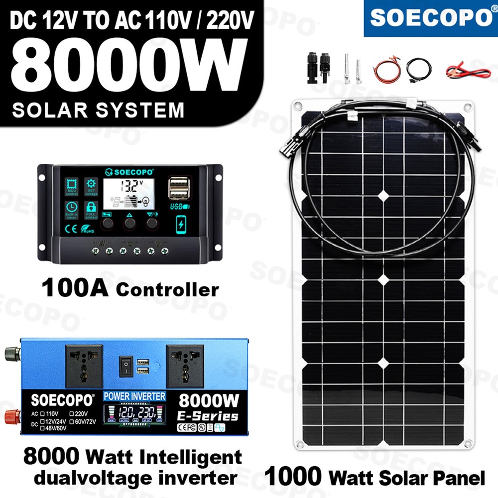 SOECOPO 8000W Peak Solar System Kit Flexible Panel 100A Controller DC12/24V 110V