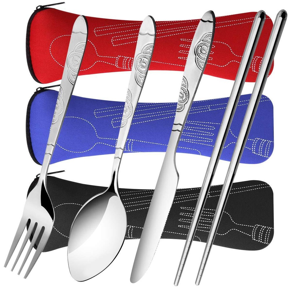 3 Pack Reusable Flatware Sets Knife Fork Spoon Chopsticks 12pcs Portable Travel