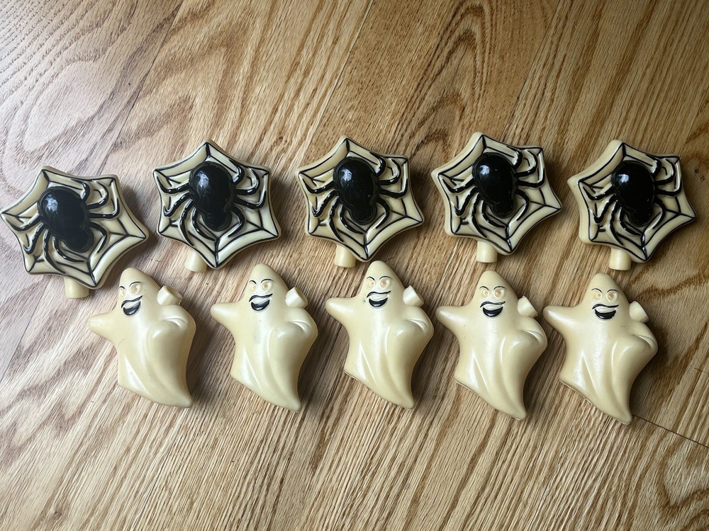 Vtg Halloween Plastic Blow Mold String 3" Light Covers (10) Ghosts Spiders WORKS