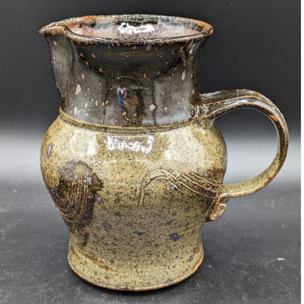 Vintage 7" Brown Primitive Hand Thrown Art Pottery Pitcher Signed As Is