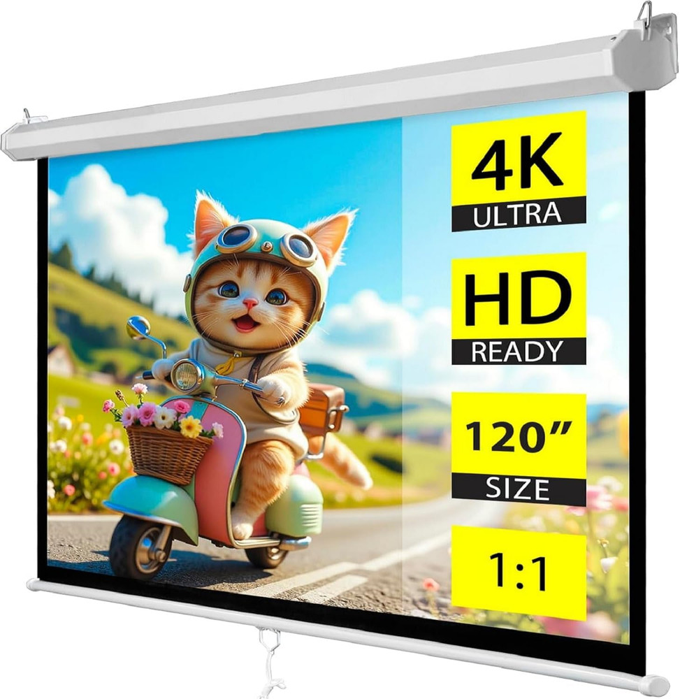 120'' Projector Screen Manual Pull Down, 1:1 Indoor Outdoor Projection Screen Mo
