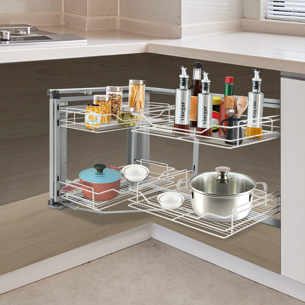 Pull-out Cabinet Organizer 2 Tiers Stainless Steel Corner Cabinet Organizer