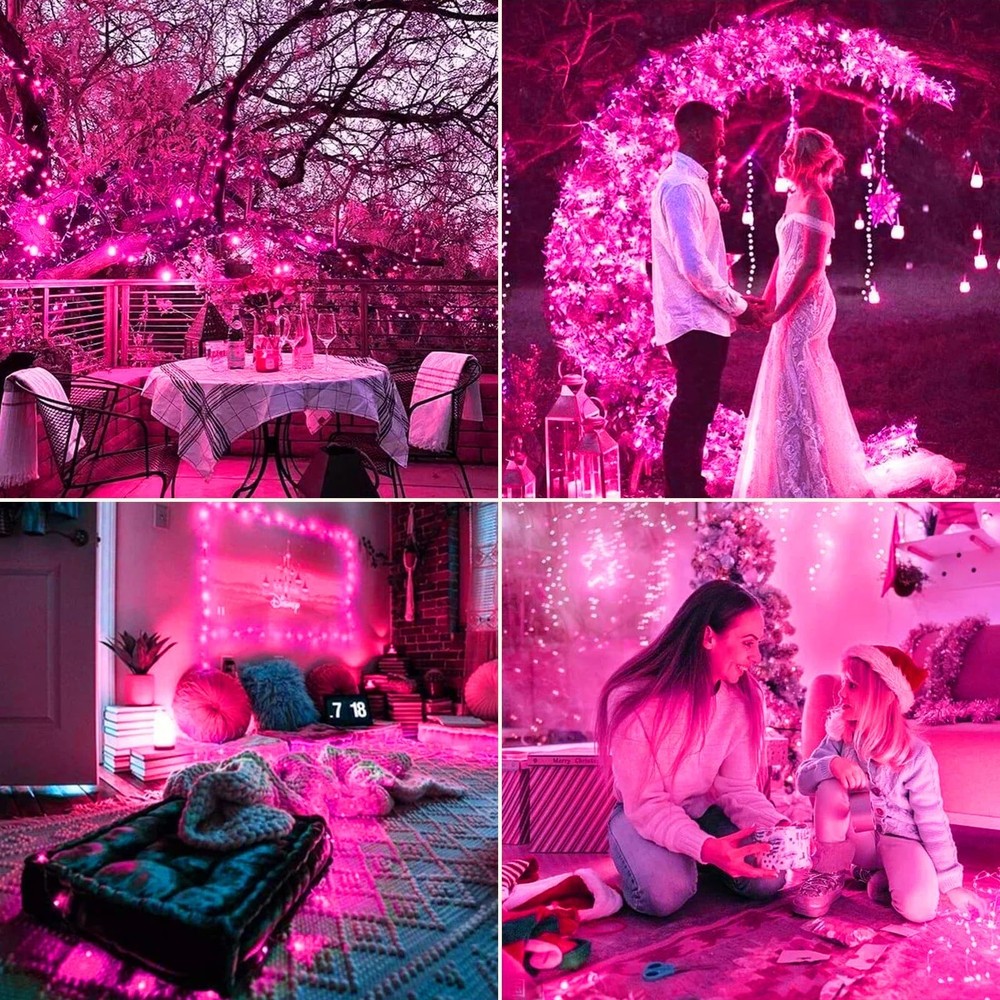 Pink Lights Battery Operated String Lights 33Ft 100 LED with Auto Timer & 8